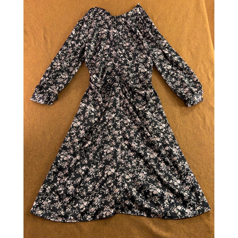 J Apparel Womens XXL Black Floral Ruched V-Neck Long Sleeve Midi Dress New *Flaw